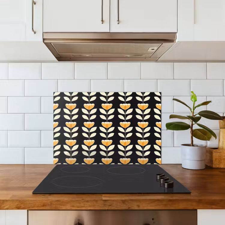 Spatscherm keuken - Retro - Bloem - Zwart - Okergeel — 6