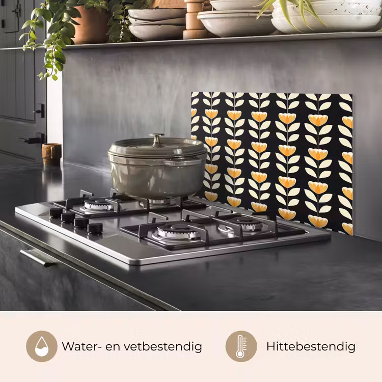 Spatscherm keuken - Retro - Bloem - Zwart - Okergeel — 7