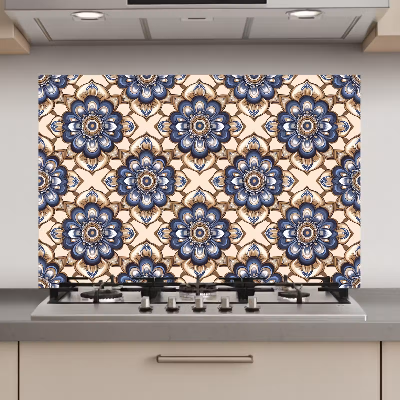 Spatscherm keuken - Floraal - Ornament - Blauw — 1