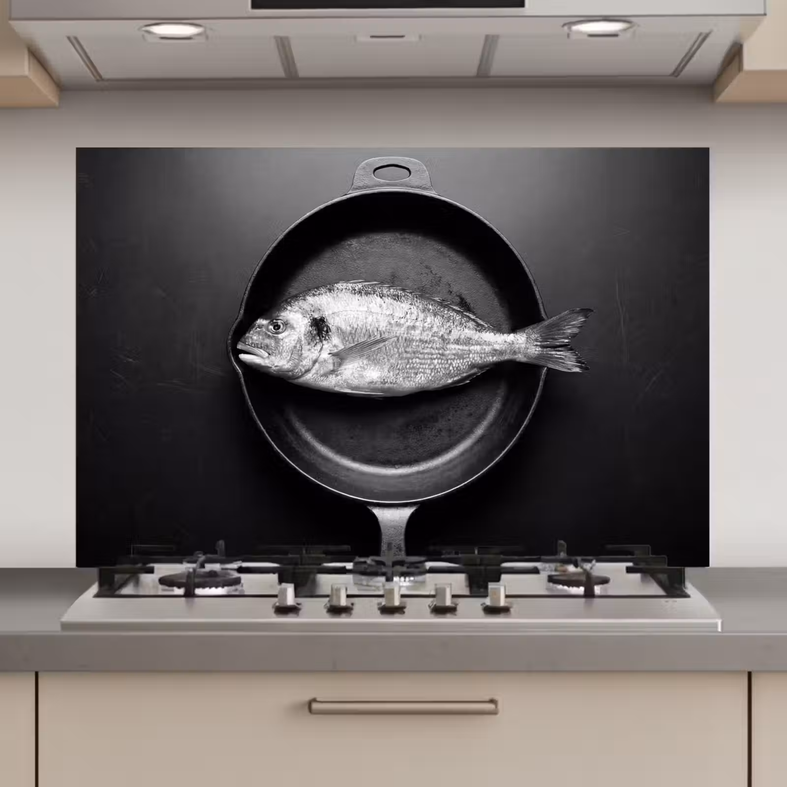 Spatscherm keuken - Pan - Vis - Zwart - Wit — 1