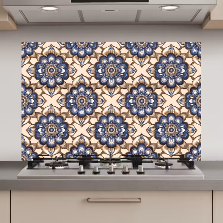 Spatscherm keuken - Floraal - Ornament - Blauw — 1