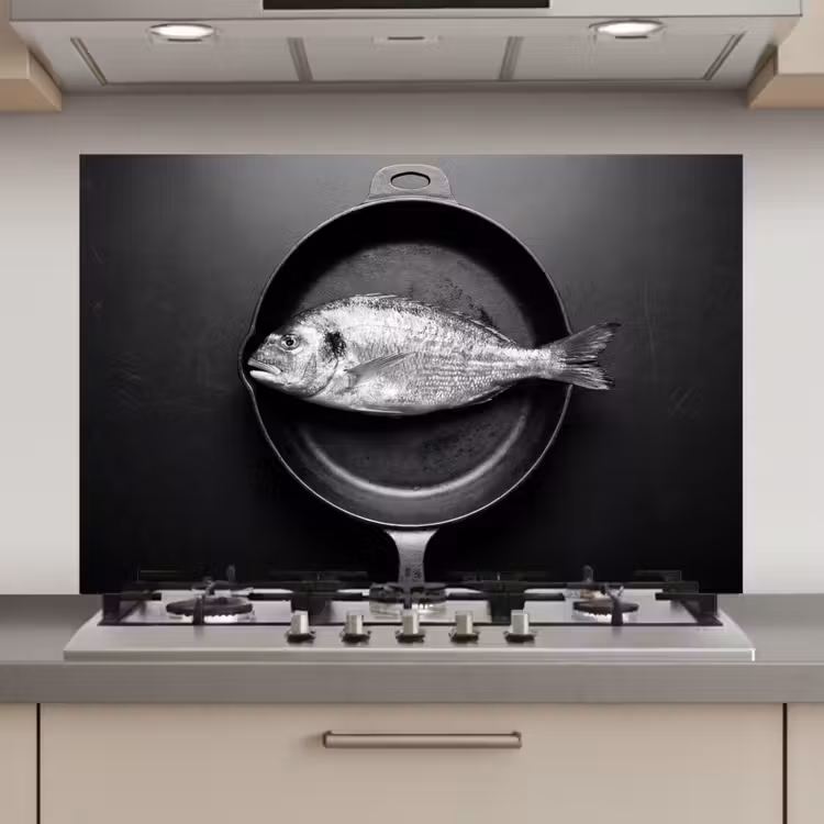 Spatscherm keuken - Pan - Vis - Zwart - Wit — 1