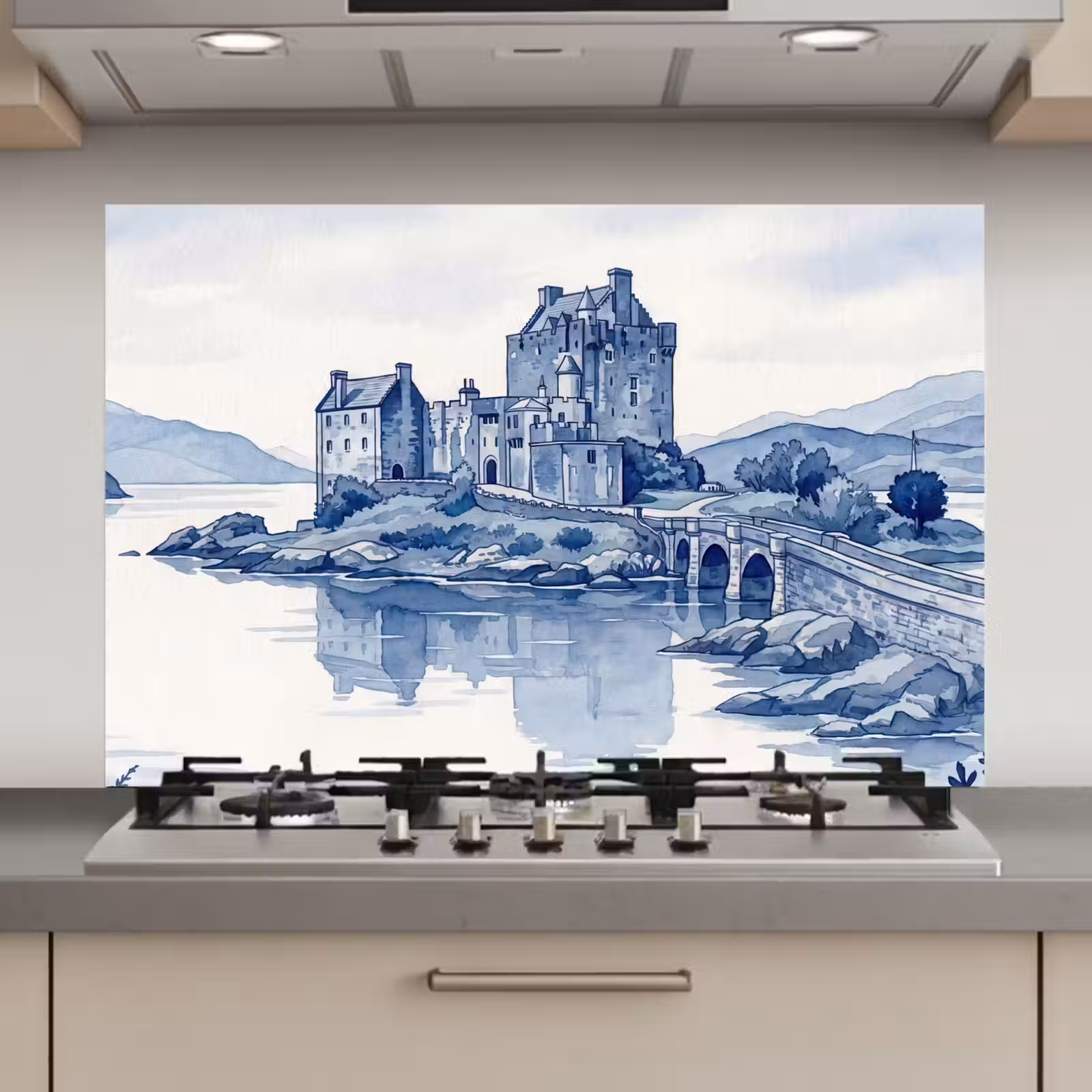 Spatscherm keuken - Schots - Kasteel - Blauw - Aquarel — 1