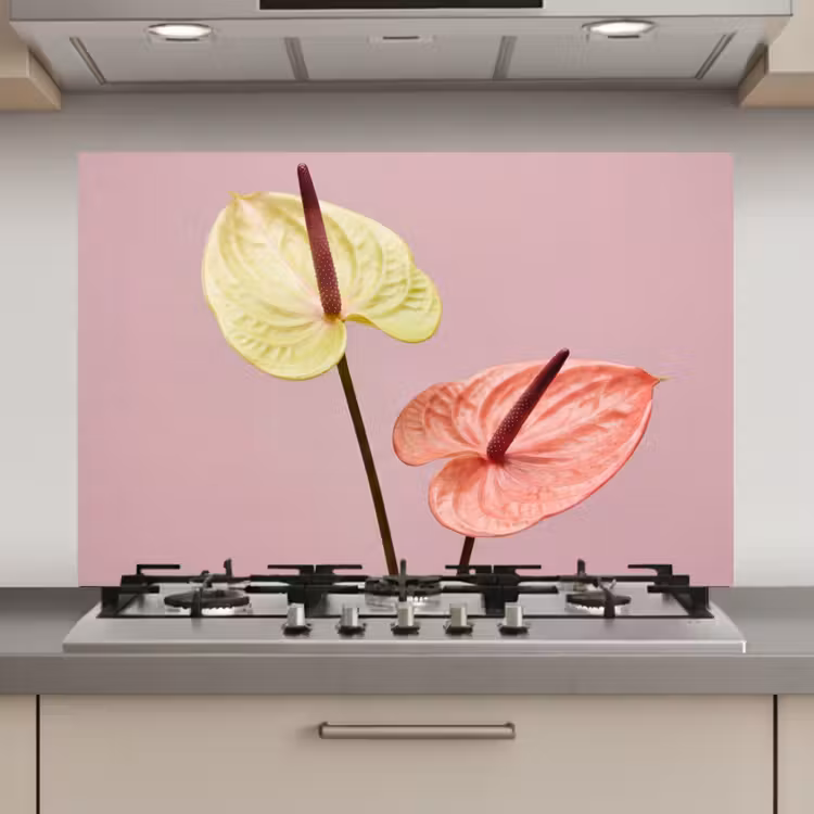 Spatscherm keuken - Bloemen - Anthuriums - Geel - Roze — 1