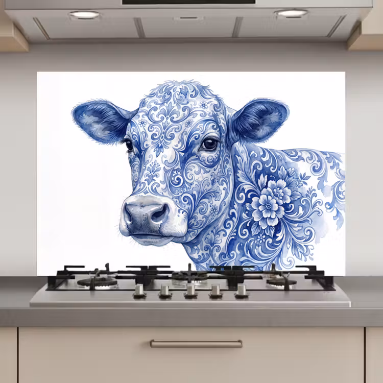 Spatscherm keuken - Illustratie - Koe - Blauw — 1