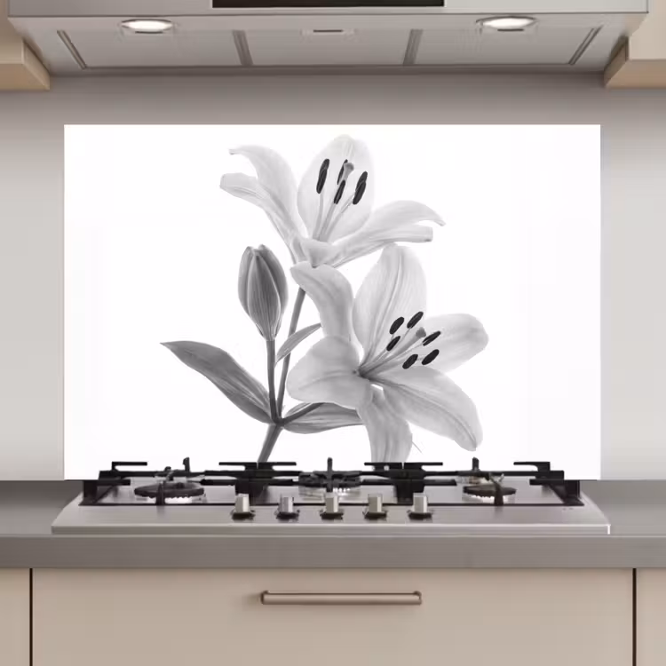 Spatscherm keuken - Lelies - Elegant - Zwart - Wit — 1