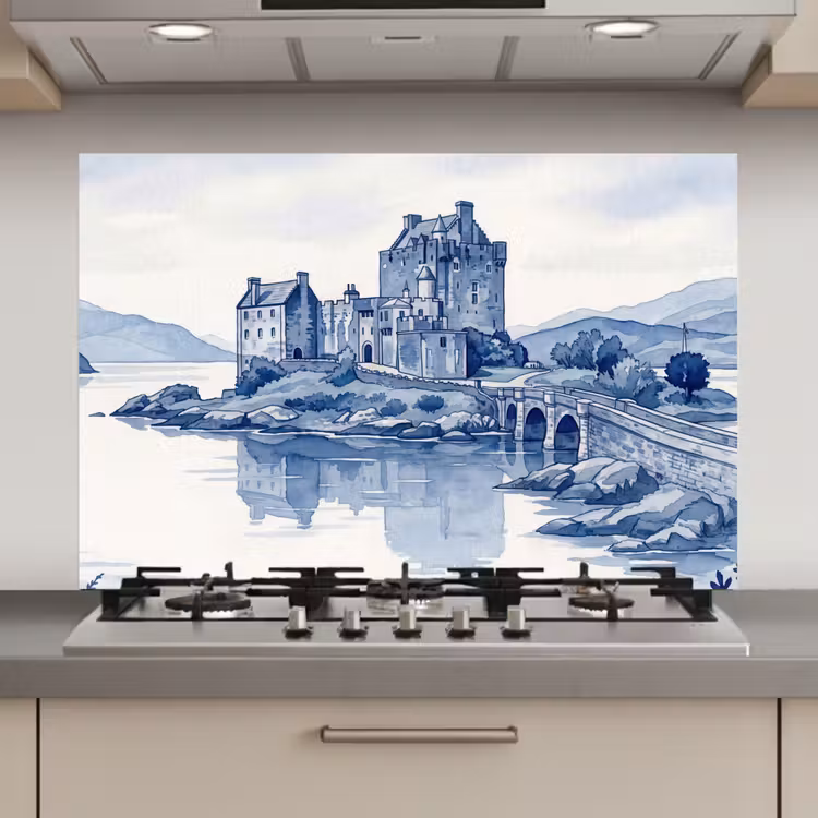 Spatscherm keuken - Schots - Kasteel - Blauw - Aquarel — 1