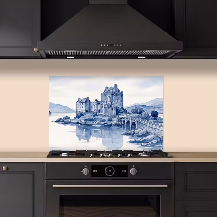 Spatscherm keuken - Schots - Kasteel - Blauw - Aquarel — 2