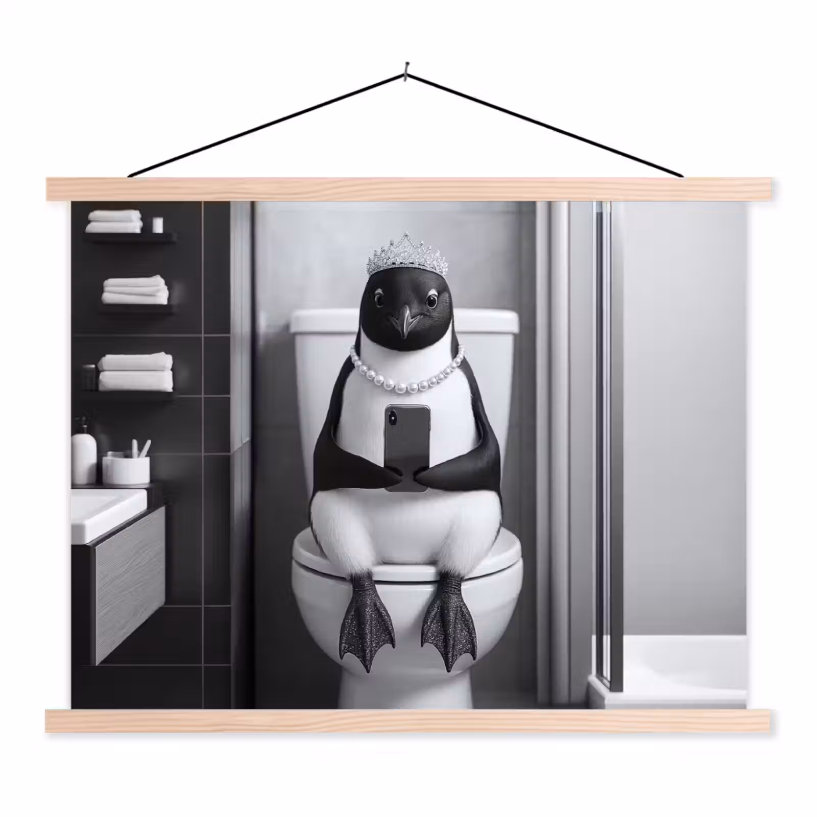 Schoolplaat - Pinguïn - Telefoon - Toilet - Zwart - Wit — 1