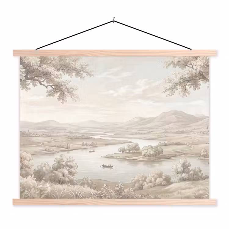 Schoolplaat - Rivierlandschap - Bergen - Natuur - Vintage - Beige — 1