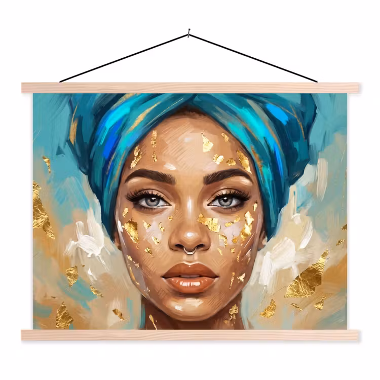 Schoolplaat - Portret - Vrouw - Schilderij - Blauw - Goud - Expressief — 1