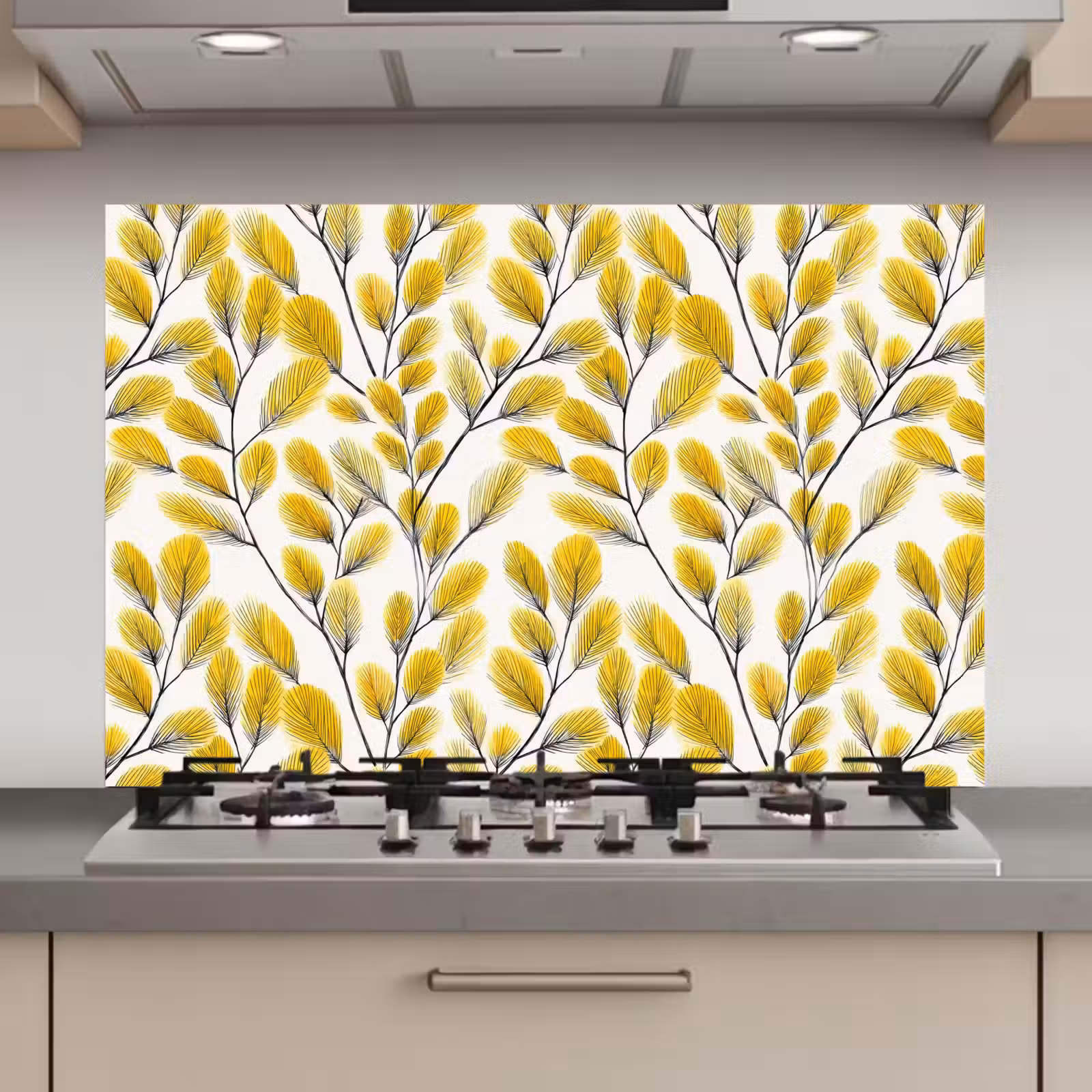 Spatscherm keuken - Bladeren - Botanisch - Elegant - Geel - Zwart — 1