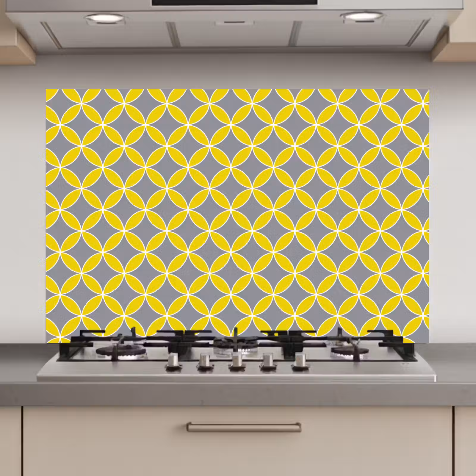 Spatscherm keuken - Geometrisch - Cirkels - Modern - Grijs - Geel — 1