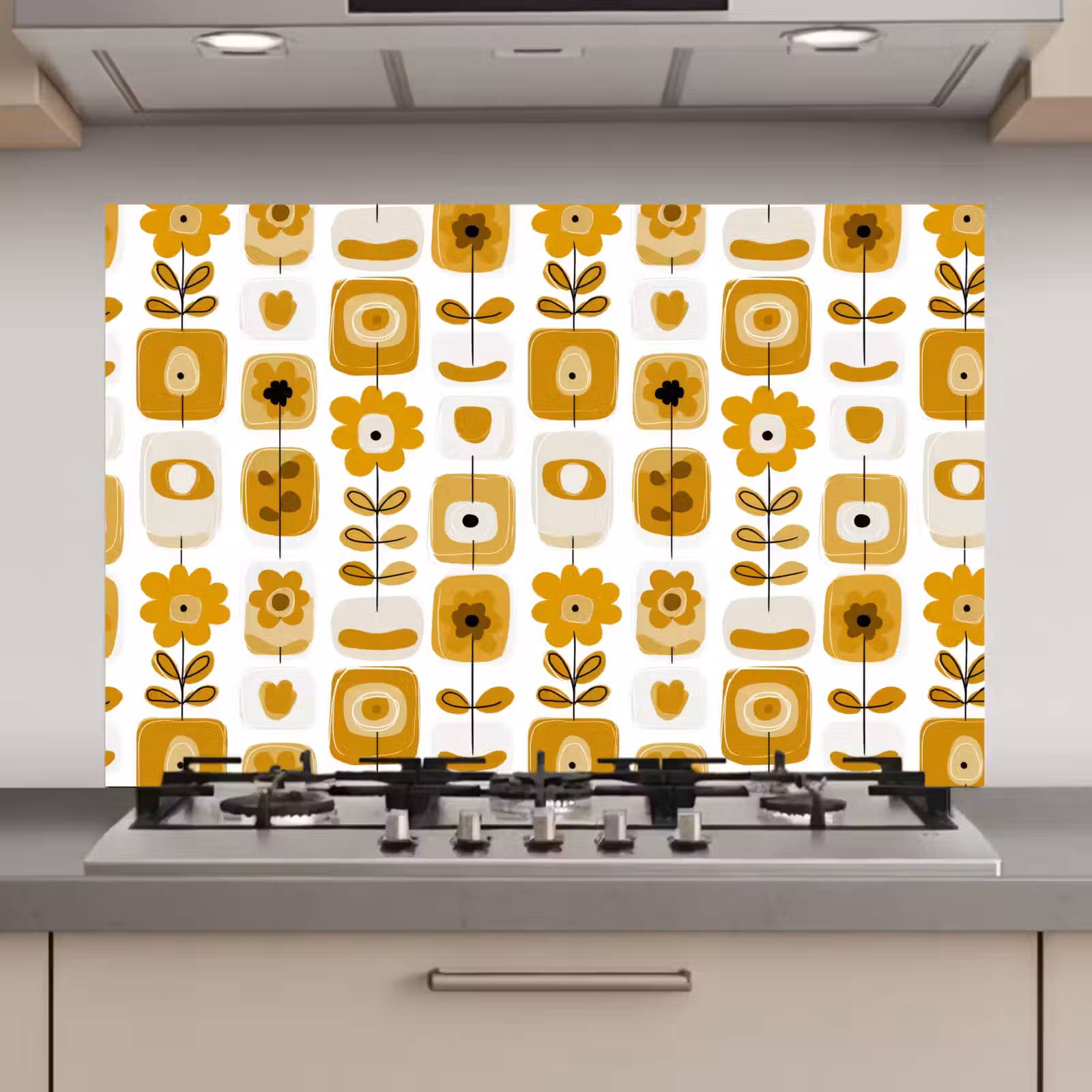 Spatscherm keuken - Retro - Abstract - Bloemen - Okergeel — 1