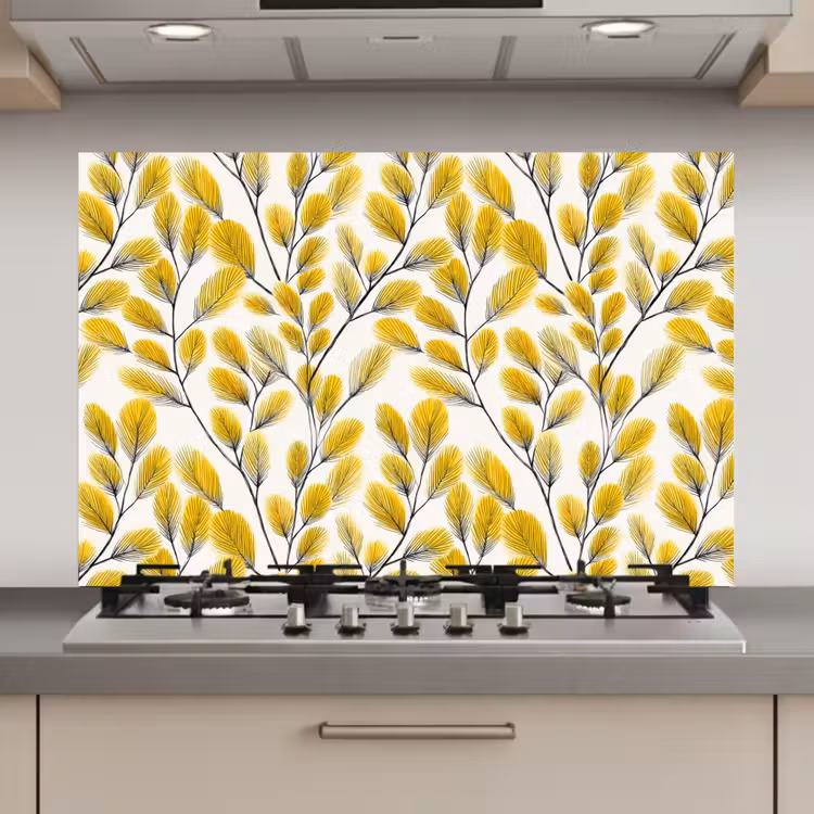 Spatscherm keuken - Bladeren - Botanisch - Elegant - Geel - Zwart — 1