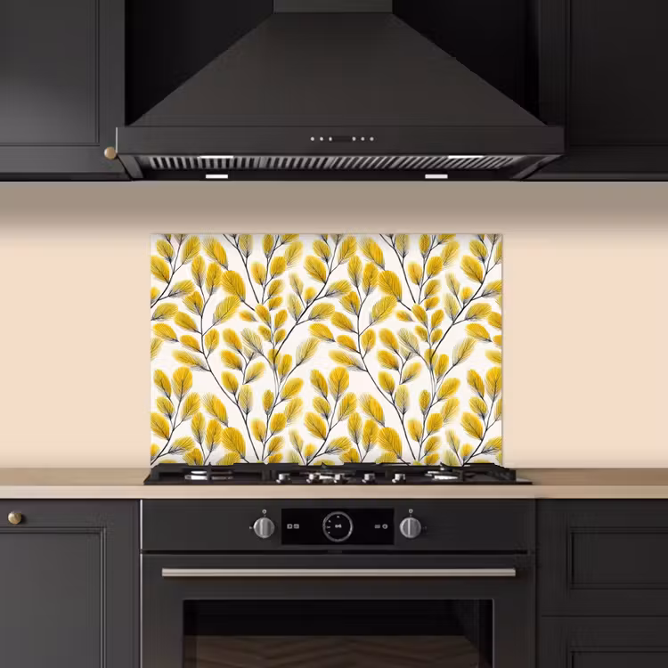 Spatscherm keuken - Bladeren - Botanisch - Elegant - Geel - Zwart — 2