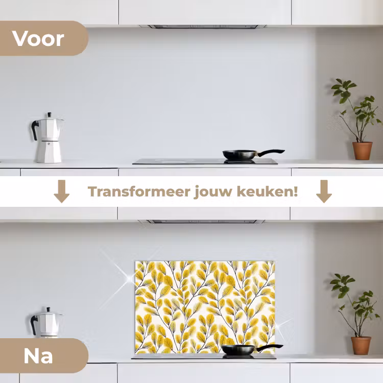 Spatscherm keuken - Bladeren - Botanisch - Elegant - Geel - Zwart — 3