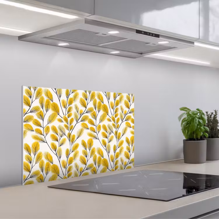Spatscherm keuken - Bladeren - Botanisch - Elegant - Geel - Zwart — 5