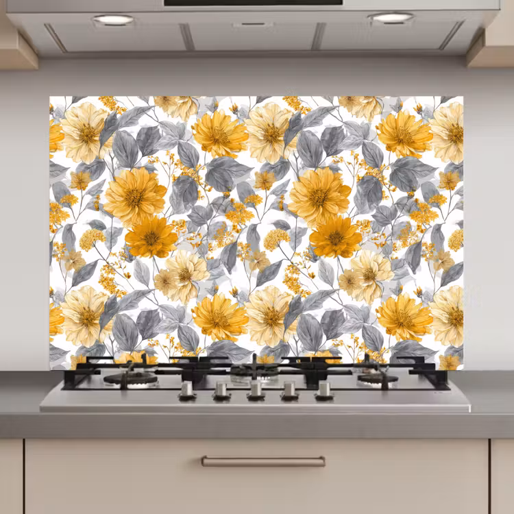 Spatscherm keuken - Bloemen - Botanisch - Elegant - Okergeel - Grijs — 1