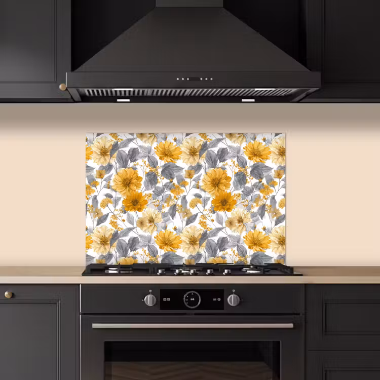 Spatscherm keuken - Bloemen - Botanisch - Elegant - Okergeel - Grijs — 2