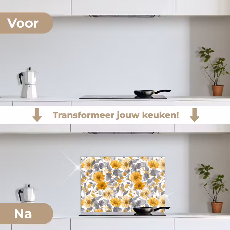 Spatscherm keuken - Bloemen - Botanisch - Elegant - Okergeel - Grijs — 3