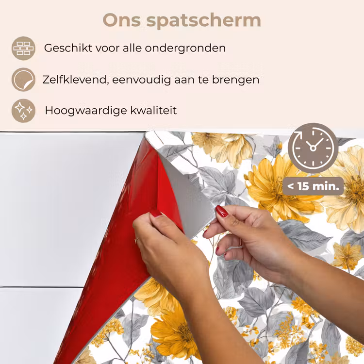 Spatscherm keuken - Bloemen - Botanisch - Elegant - Okergeel - Grijs — 4
