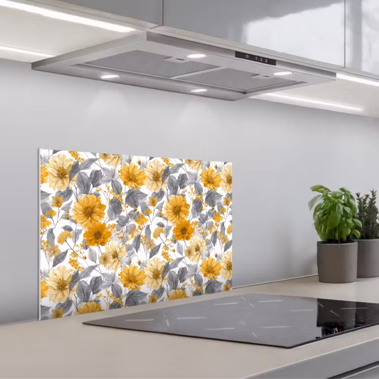 Spatscherm keuken - Bloemen - Botanisch - Elegant - Okergeel - Grijs — 5