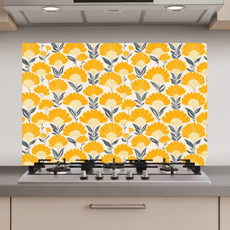 Spatscherm keuken - Bloemen - Retro - Botanisch - Okergeel - Grijs — 1