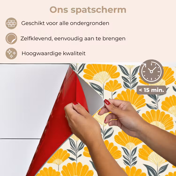 Spatscherm keuken - Bloemen - Retro - Botanisch - Okergeel - Grijs — 4