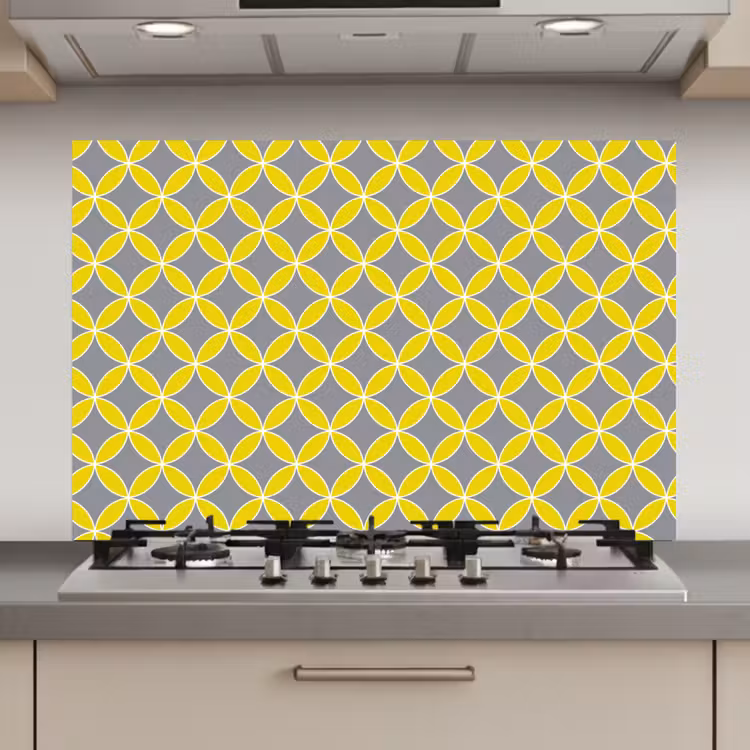 Spatscherm keuken - Geometrisch - Cirkels - Modern - Grijs - Geel — 1