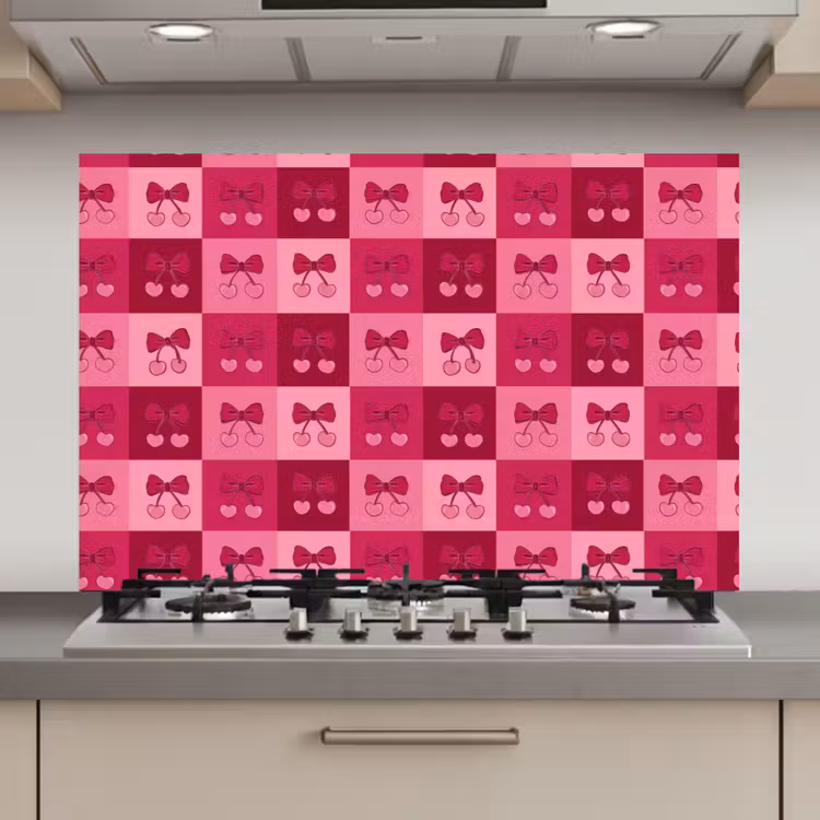 Spatscherm keuken - Kersen - Strikjes - Speels - Roze - Bordeaux — 1