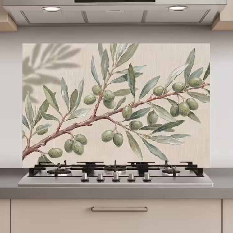 Spatscherm keuken - Olijftak - Bladeren - Natuur - Groen - Beige — 1