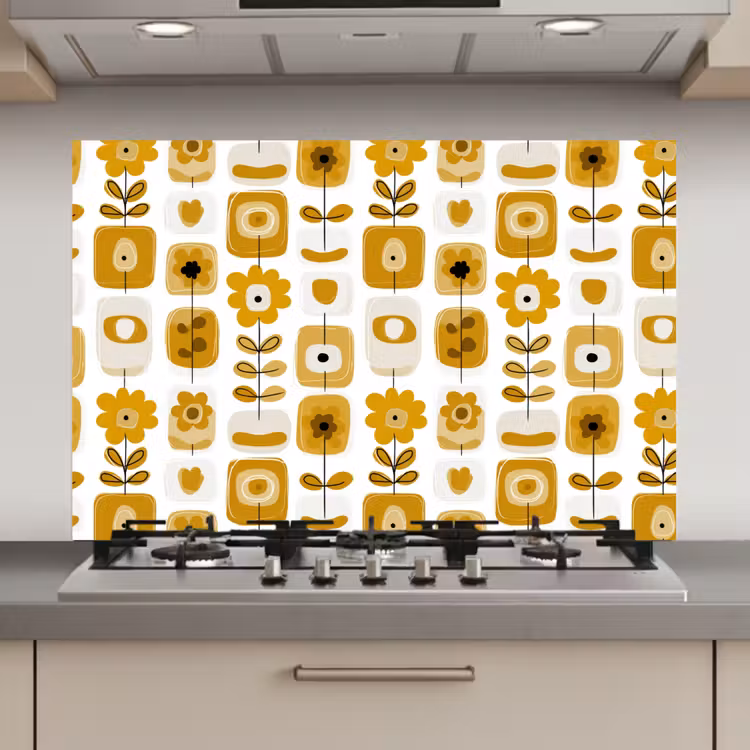 Spatscherm keuken - Retro - Abstract - Bloemen - Okergeel — 1