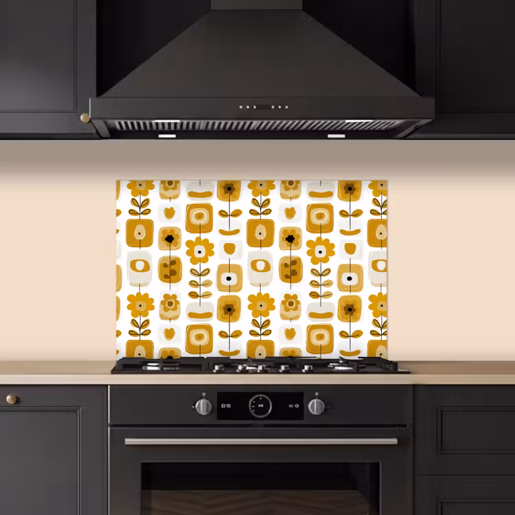 Spatscherm keuken - Retro - Abstract - Bloemen - Okergeel — 2