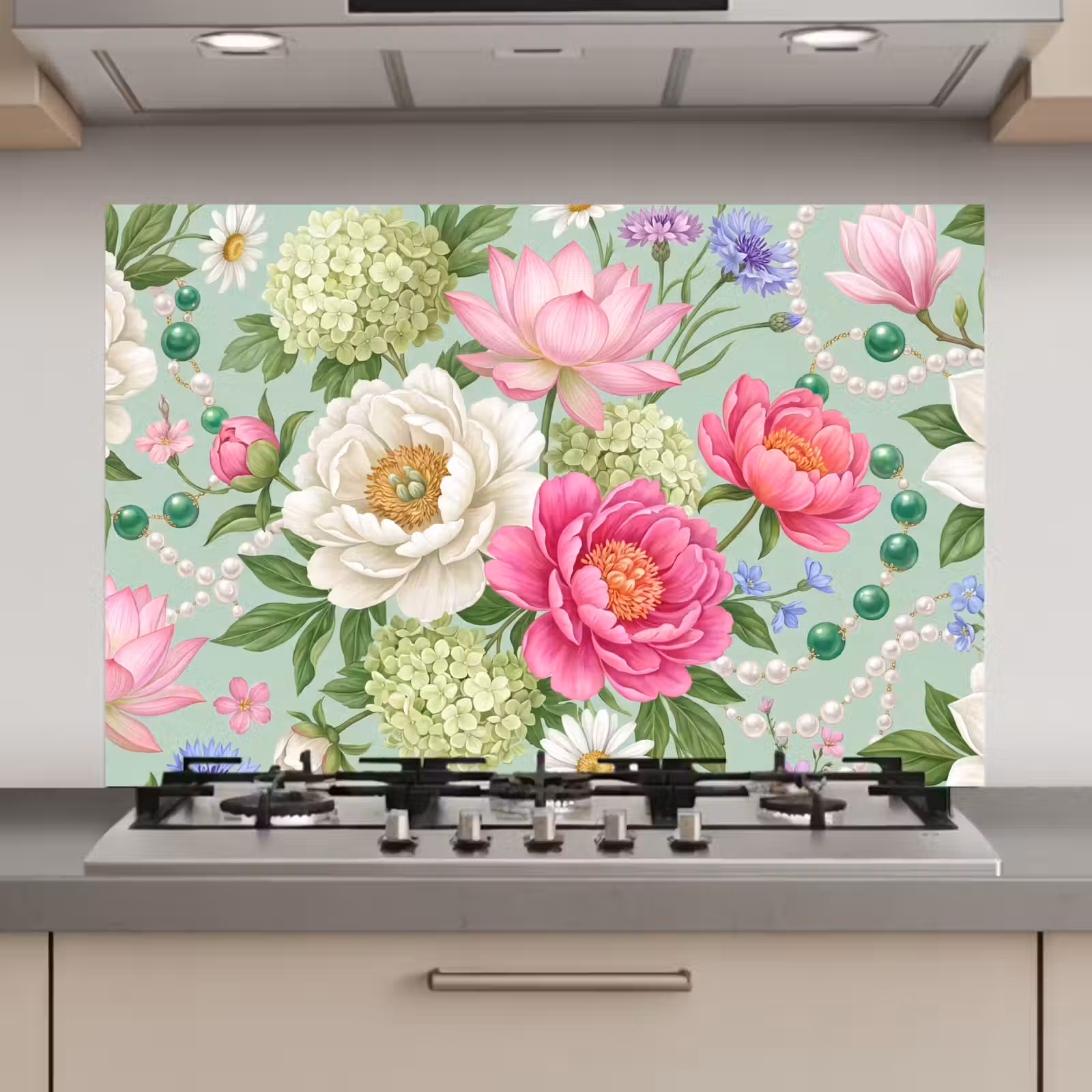 Spatscherm keuken - Bloemen - Patroon - Botanisch - Groen — 1