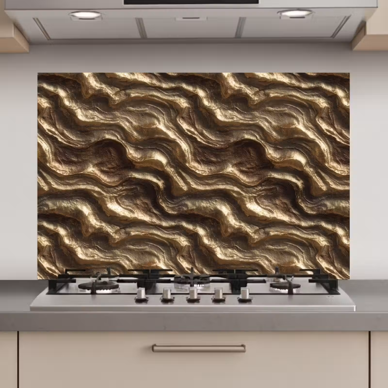 Spatscherm keuken - Reliëf - Golven - Abstract - Bronsgoud — 1