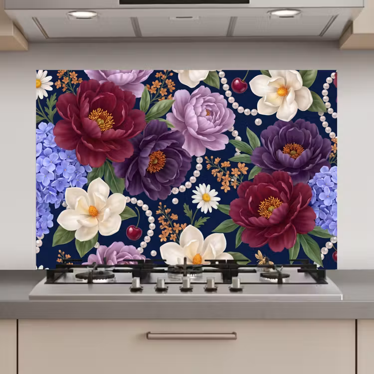 Spatscherm keuken - Bloemen - Parels - Decoratie - Modern - Blauw — 1