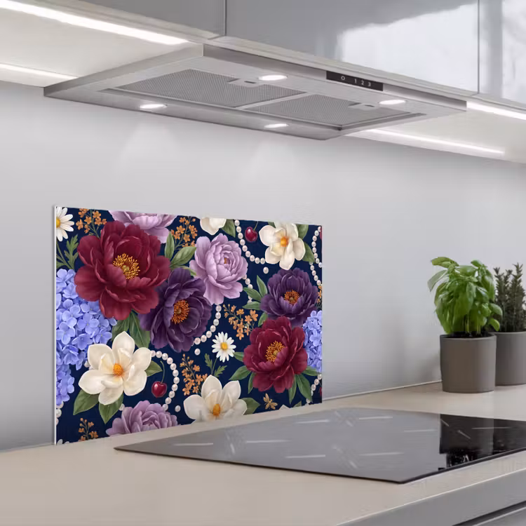 Spatscherm keuken - Bloemen - Parels - Decoratie - Modern - Blauw — 5