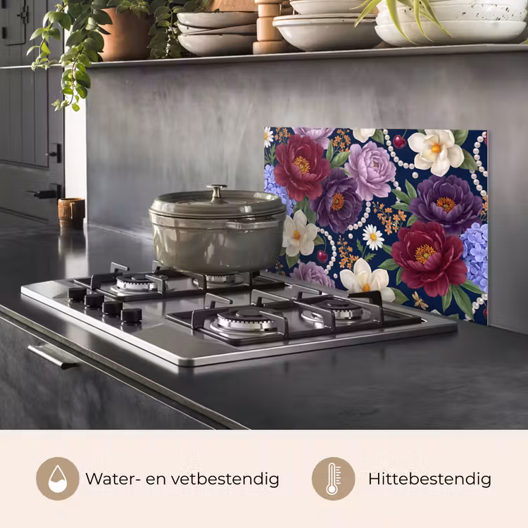 Spatscherm keuken - Bloemen - Parels - Decoratie - Modern - Blauw — 7