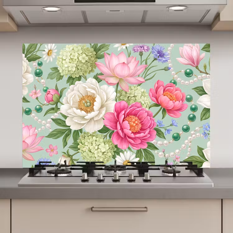 Spatscherm keuken - Bloemen - Patroon - Botanisch - Groen — 1