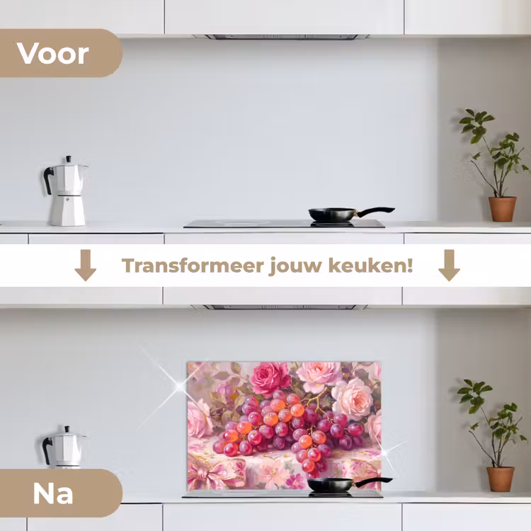 Spatscherm keuken - Eten - Bloemen - Stilleven - Roze - Goud — 3