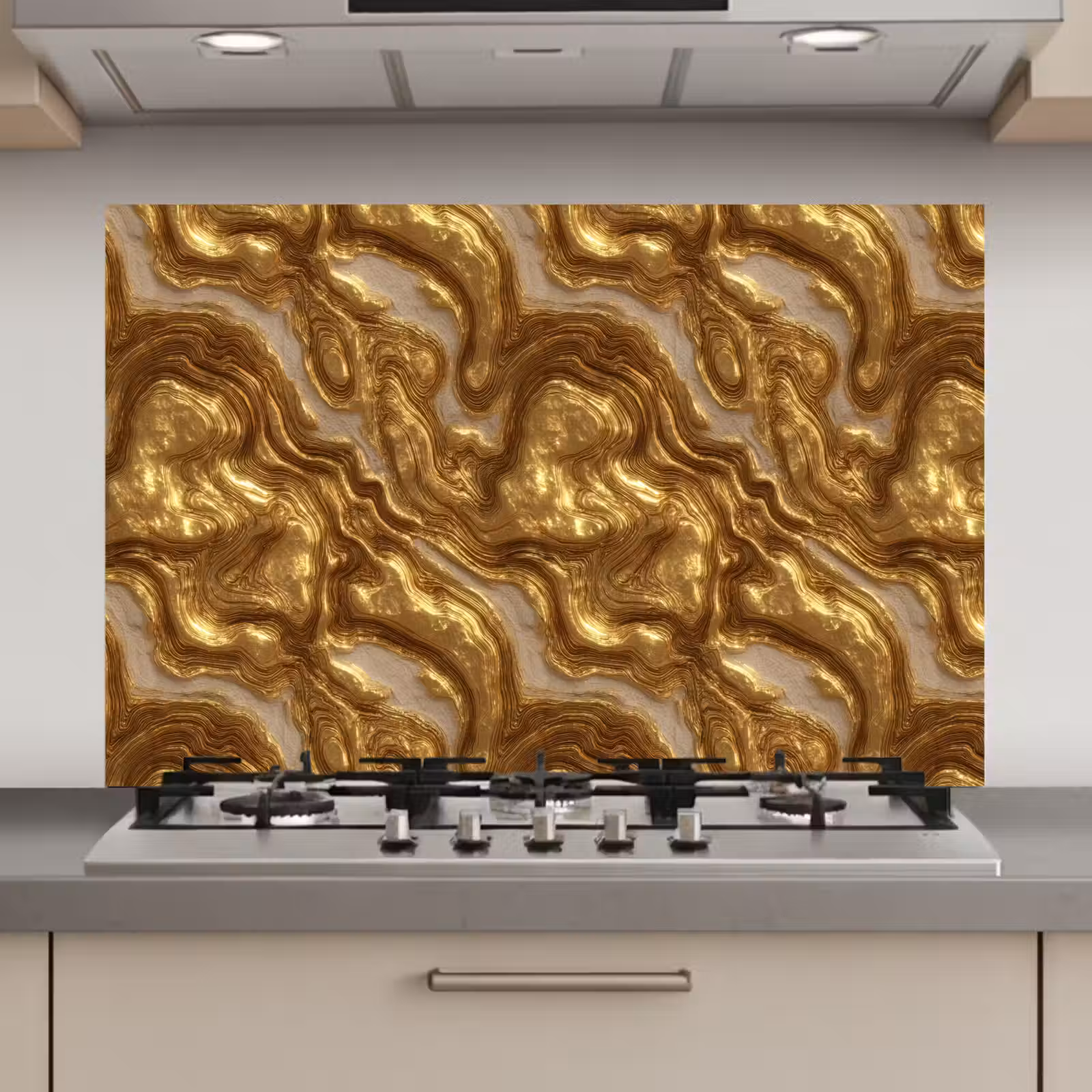 Spatscherm keuken - Golven - Organisch - Goud - Crème — 1