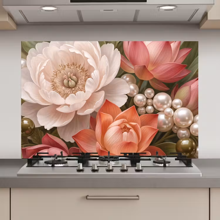 Spatscherm keuken - Bloemen - Parels - Elegant - Roze - Wit — 1
