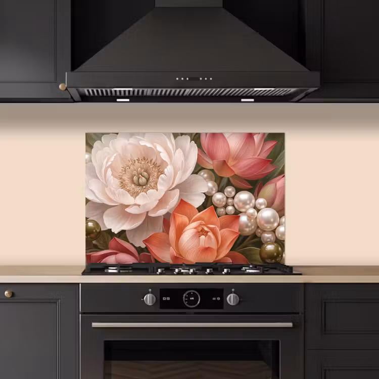 Spatscherm keuken - Bloemen - Parels - Elegant - Roze - Wit — 2