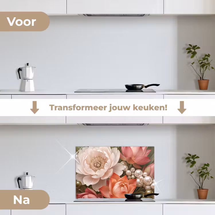Spatscherm keuken - Bloemen - Parels - Elegant - Roze - Wit — 3