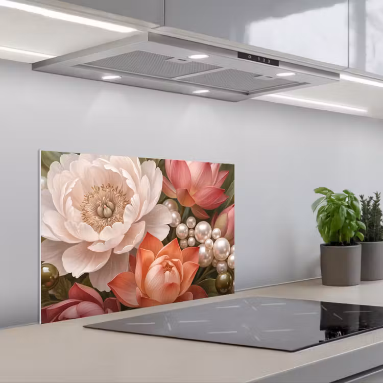 Spatscherm keuken - Bloemen - Parels - Elegant - Roze - Wit — 5