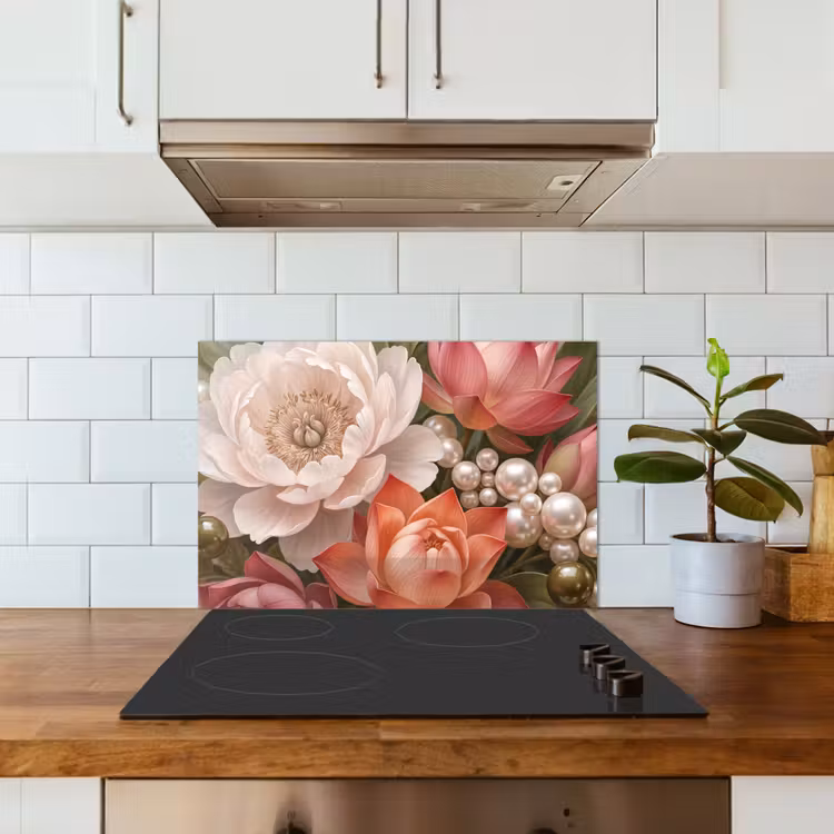 Spatscherm keuken - Bloemen - Parels - Elegant - Roze - Wit — 6