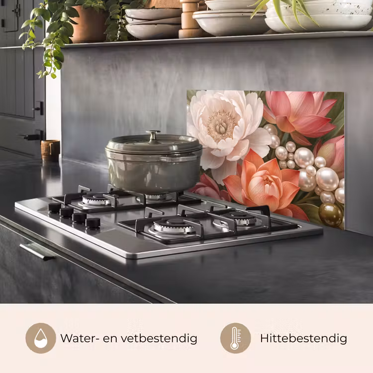 Spatscherm keuken - Bloemen - Parels - Elegant - Roze - Wit — 7
