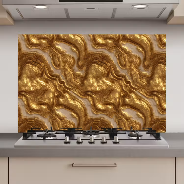 Spatscherm keuken - Golven - Organisch - Goud - Crème — 1