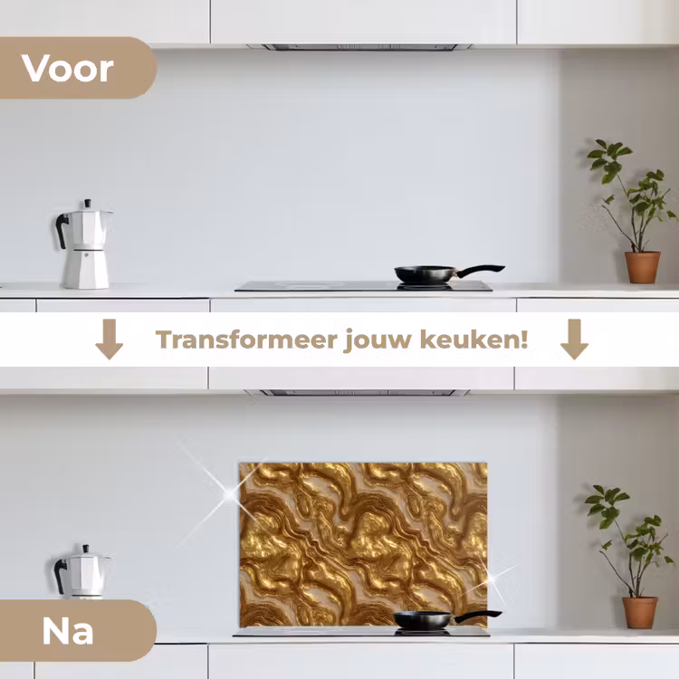 Spatscherm keuken - Golven - Organisch - Goud - Crème — 3